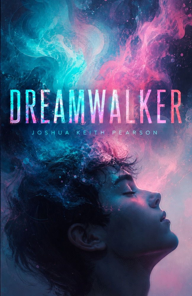 Dreamwalker book cover: a sleeping teenager with teal and pink smoke rising from his head